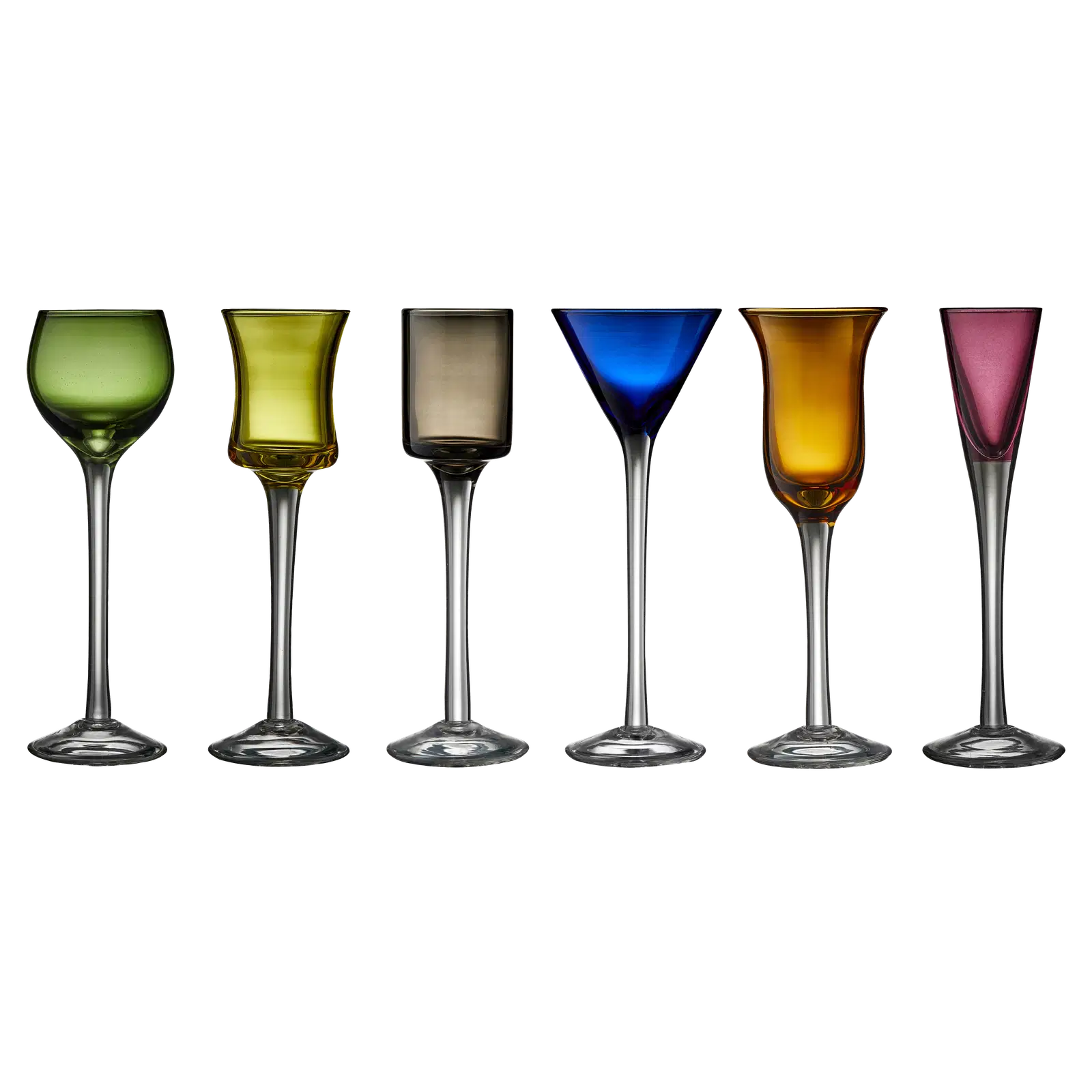 Lyngby Glas Snapseglas på fod 6 stk i assorterede farver og former